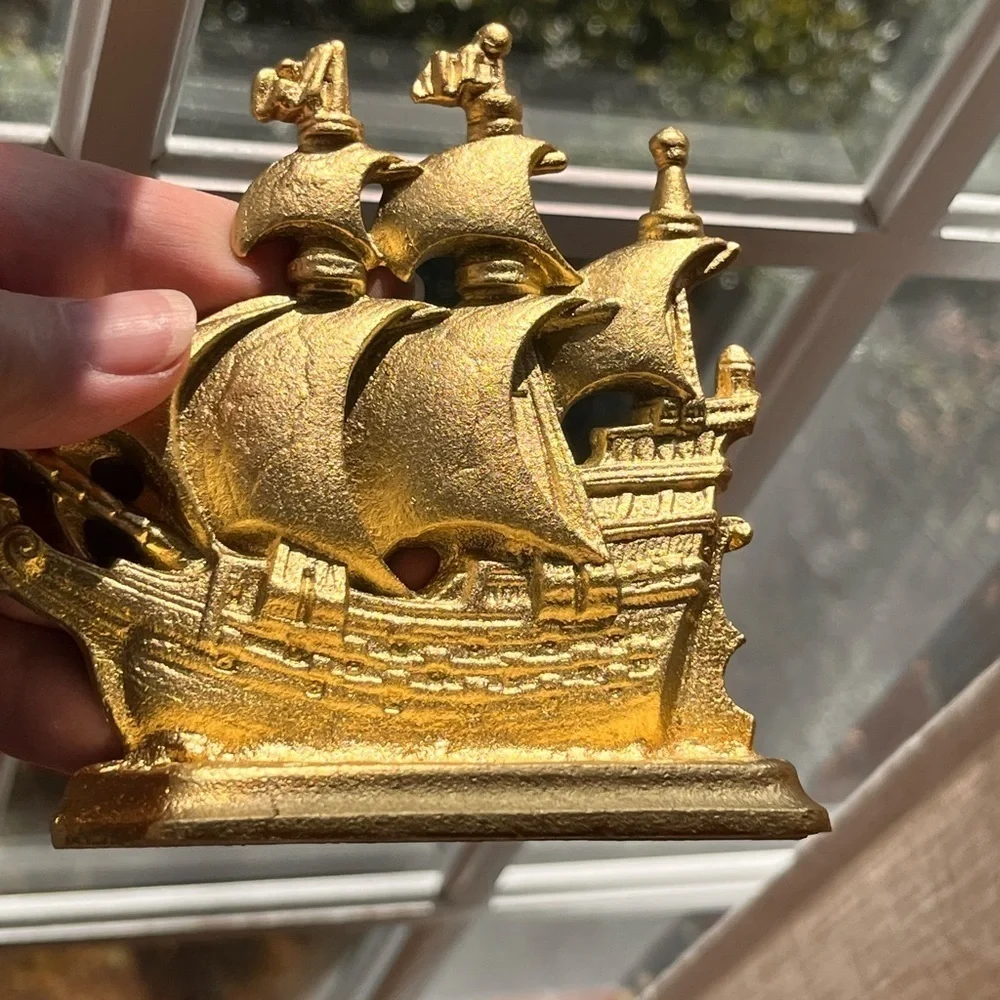 Antique Bronze gilded Bookend Sailing Boat 1803 Galleon Time Of Elizabeth Stamp